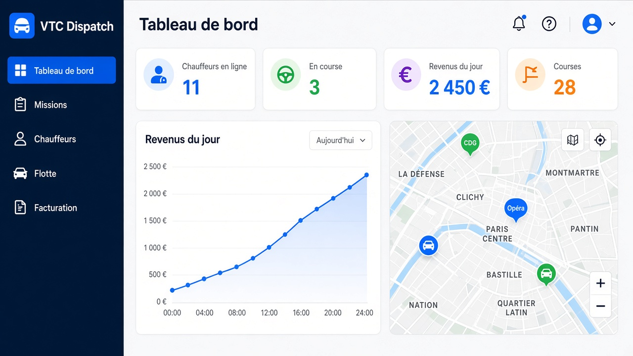 Tableau de bord logiciel dispatch VTC Dispatch
