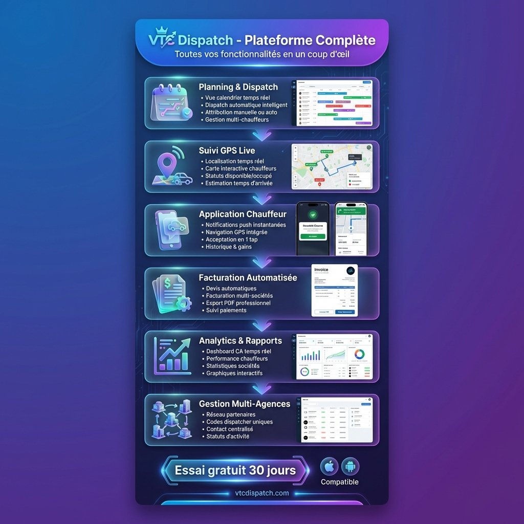 Infographie complète des fonctionnalités VTC Dispatch